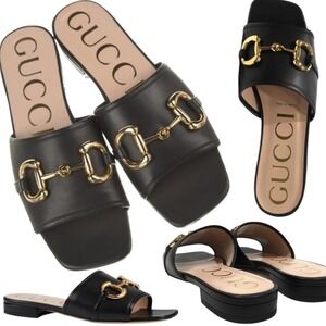 Gucci Horsebit Flat Leather Slide Sandals Black EU 36.5 US 6.5 Style 623111